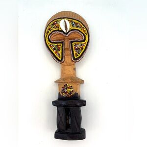 African Tribal Fertility Doll Hand Carved Wood & Shell Beaded Figurine Vintage